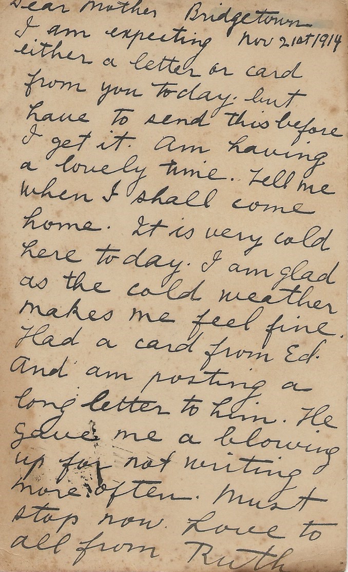 Scanned handwritten letter from Ruth Harris dated November 21, 1914